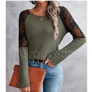 Contrast Lace Detail Army Green Long Sleeve Tee Shirt Black Shoulder